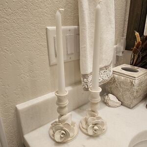 Ivory Floral Ceramic Candle Holders with Taper Candles (Pair) Vintage Rose